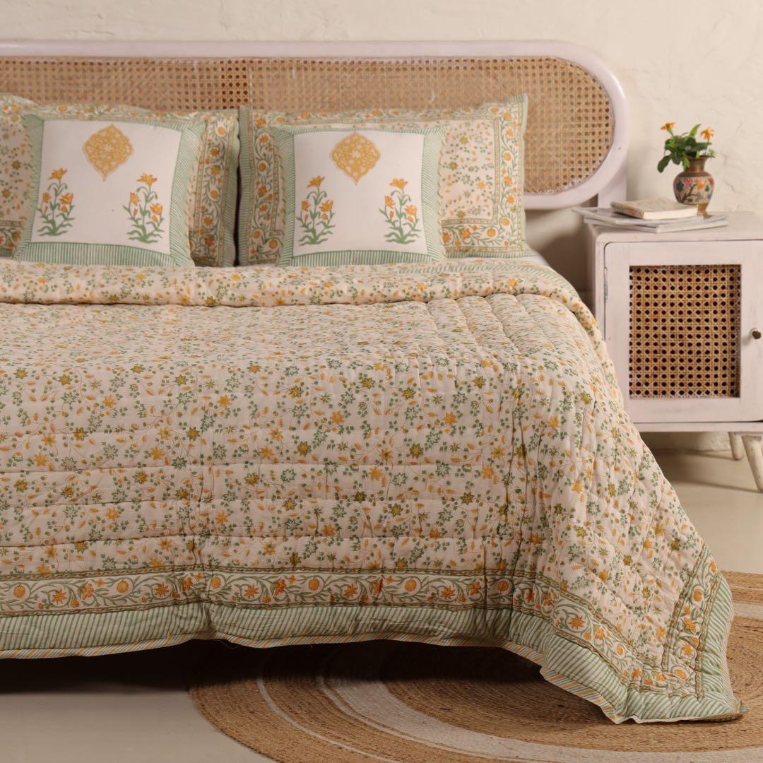 L (Queen ) ブロックプリントリバーシブルキルト