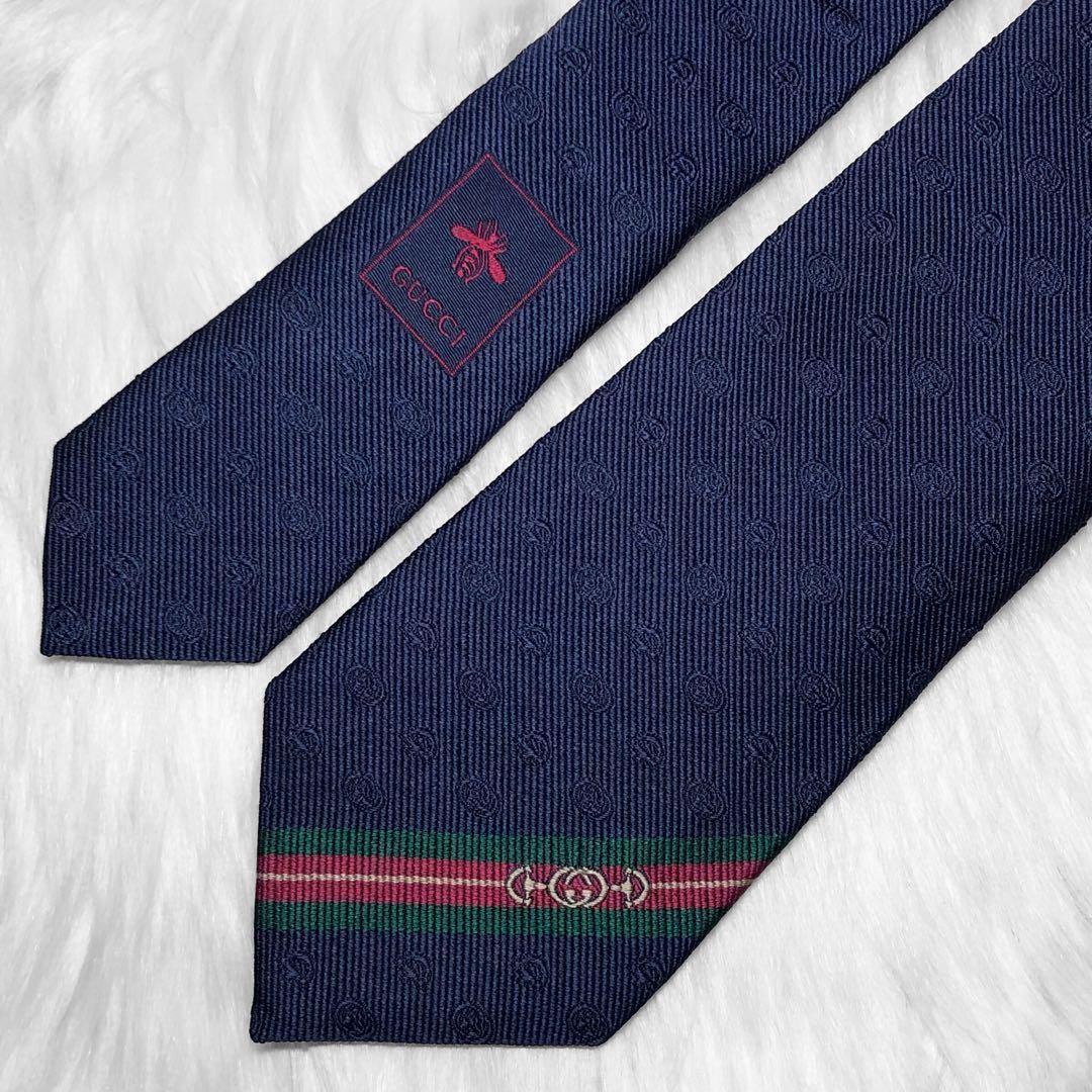 近代モデル★グッチ ネクタイ GG柄 ホースビット シェリーライン ネイビー