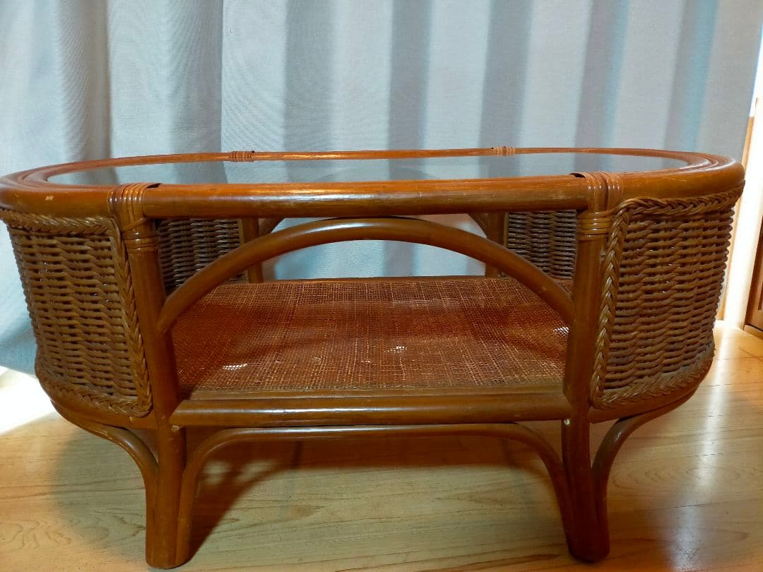 籐ガラステーブル　ラタンガラステーブル