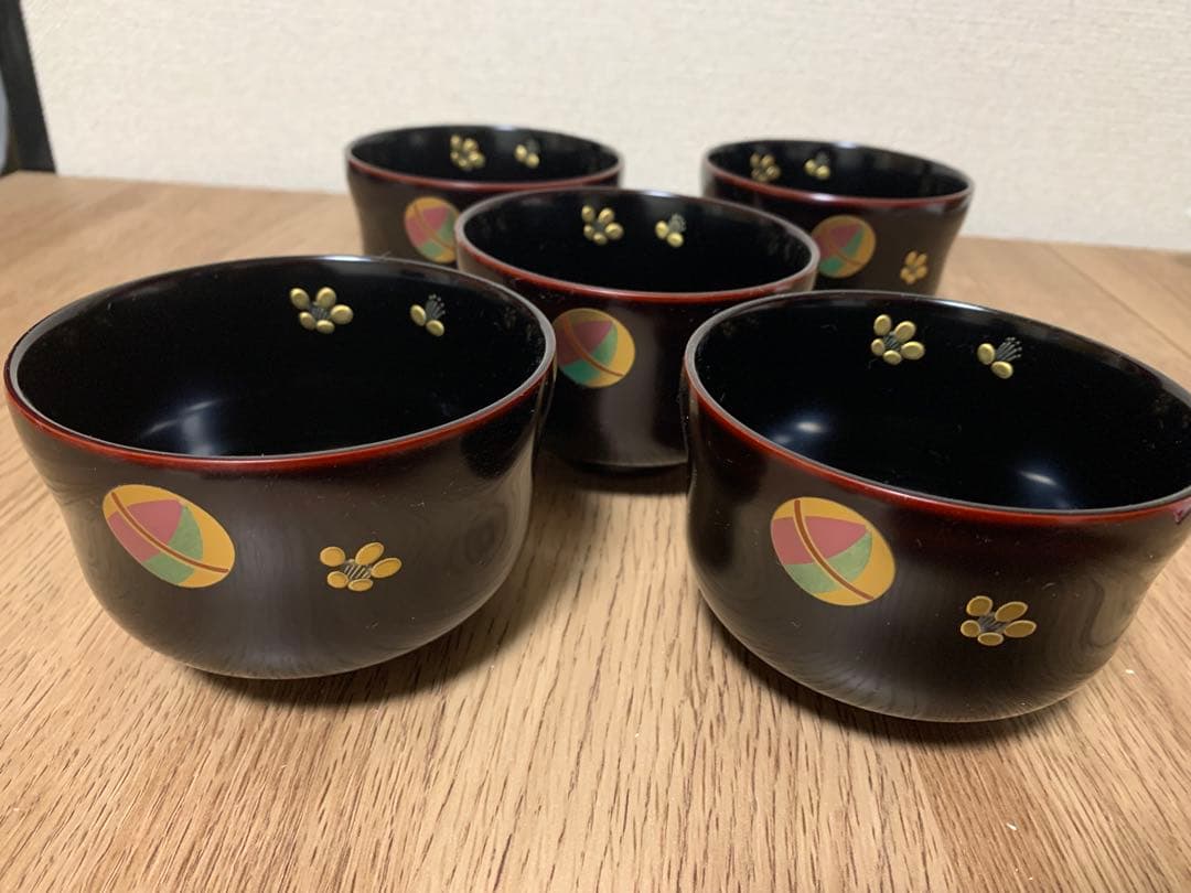 越前漆　沈金蒔絵木製汁椀 5客　手毬梅花　宮内庁御用達　手塗り
