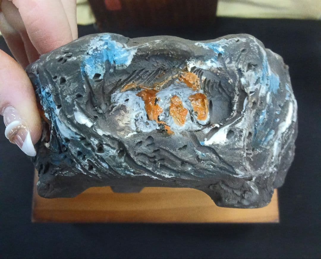 007.【浅井茶山作】岩山滝水車/変型鉢/盆栽鉢/木箱付き