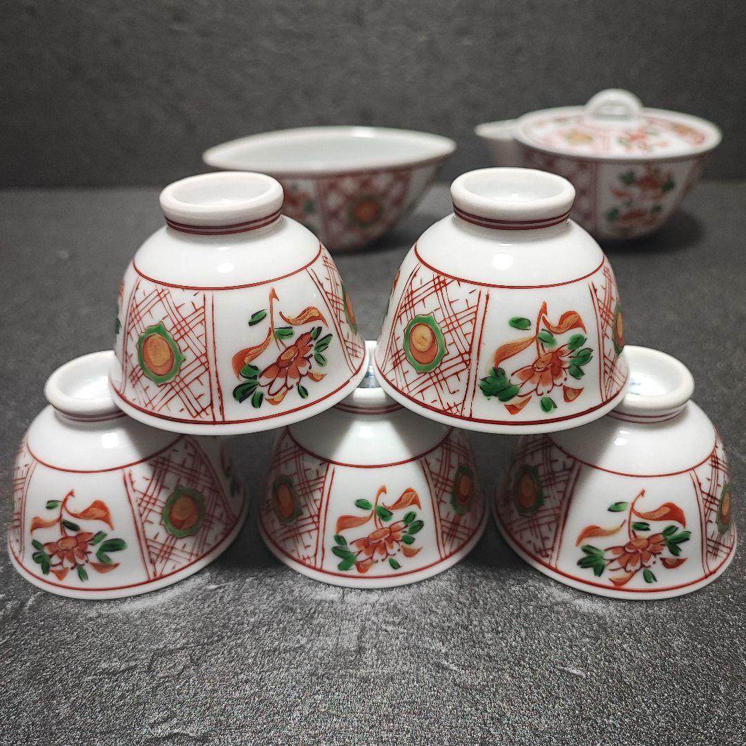 煎茶道具　有田　宝瓶　玉露　小茶器7点セット　グリーン玉赤絵　金彩　仙月