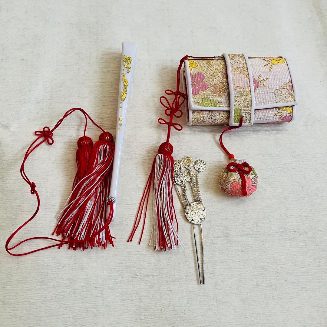 七五三　7歳　四つ身着物　結び帯　草履バッグ　はこせこセット　帯揚げ　しごき