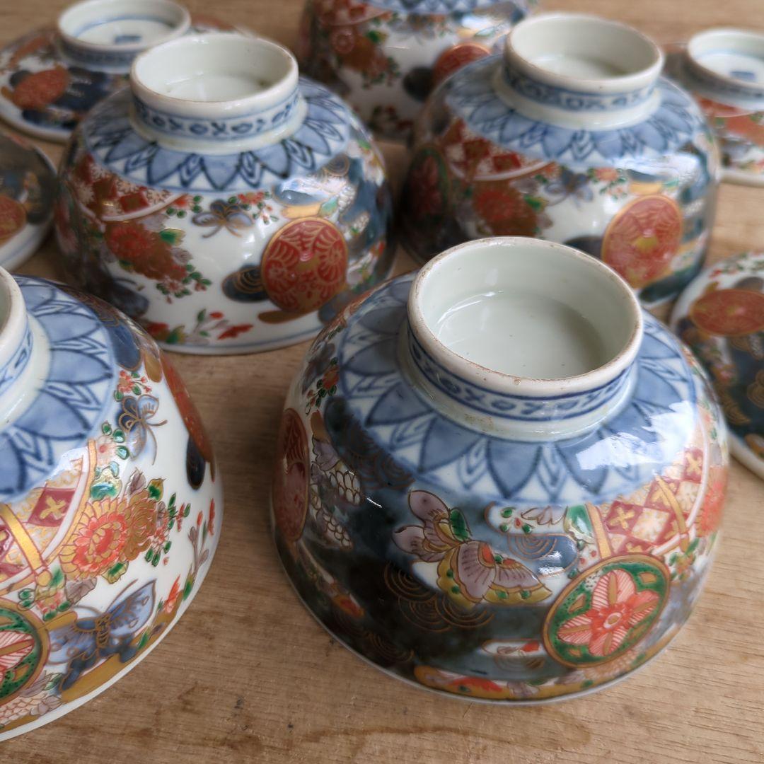 骨董 古伊万里 染錦 蓋茶碗 茶碗 煮物碗 色絵 アンティーク 5つ〜