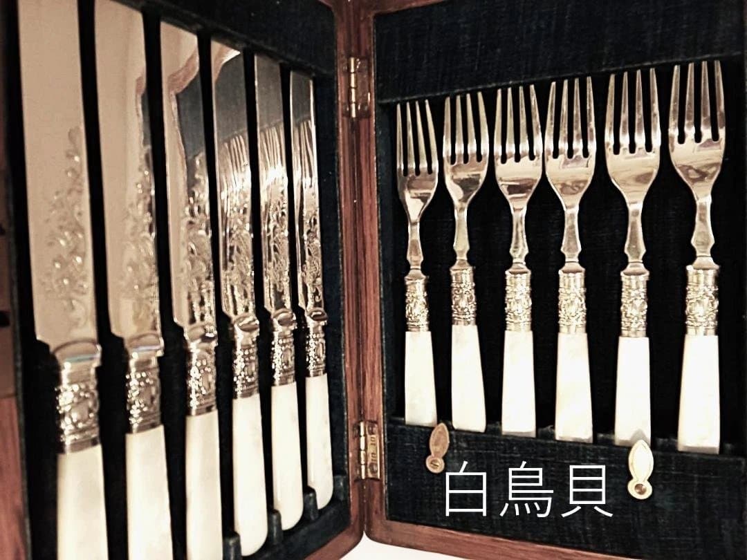 英国アンティーク マザーオブパール カトラリーセット/ PMC 刻印・専用 木箱