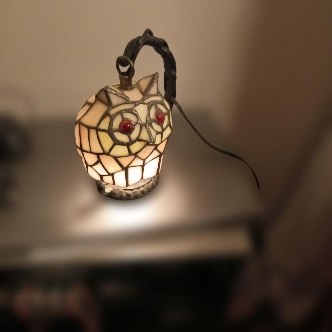 フクロウモザイクランプ　アールデコ調ステンドグラス　LEDライト付
