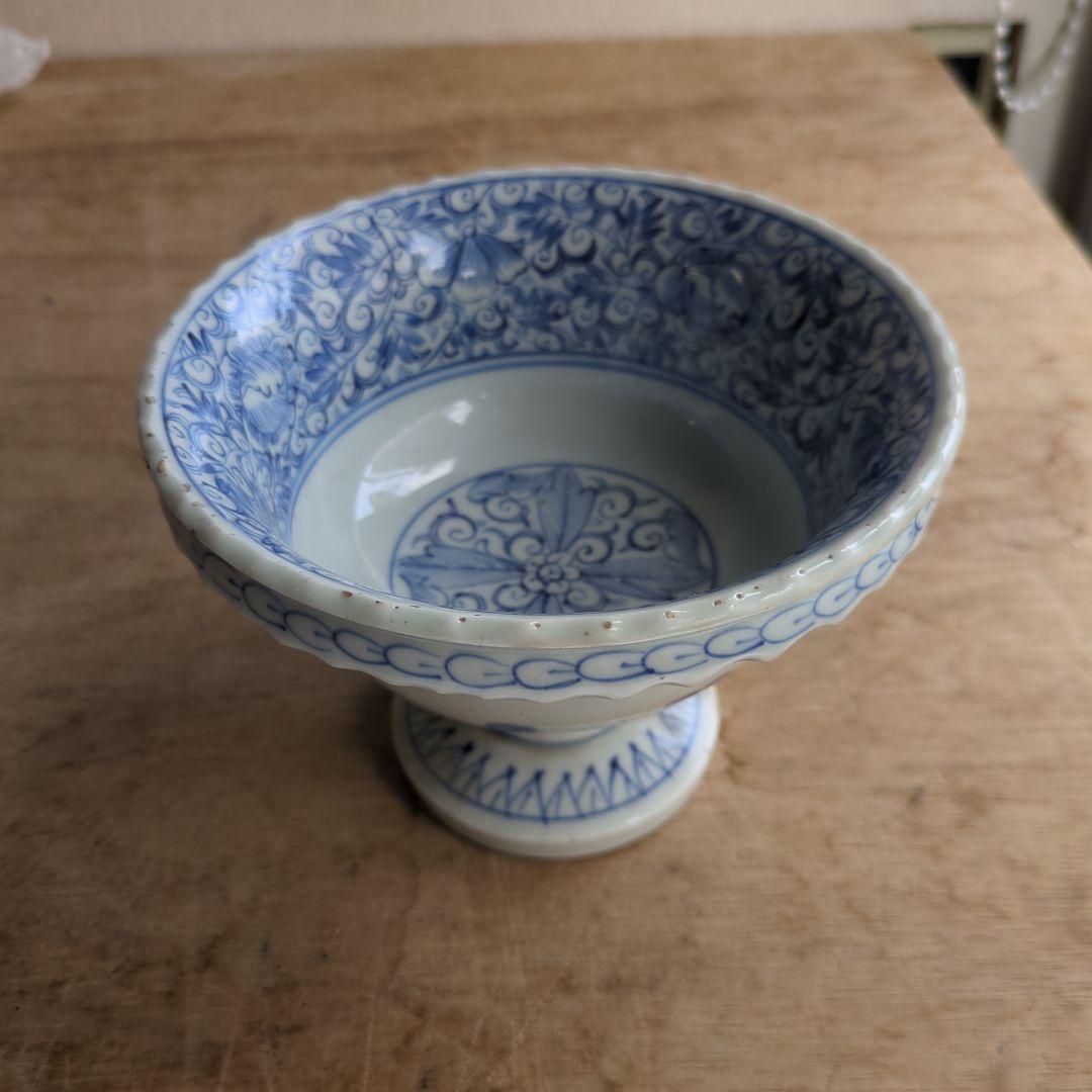骨董 古伊万里 盃洗 線描き 染め付け 器 物入れ 花唐草 鉢 菓子器