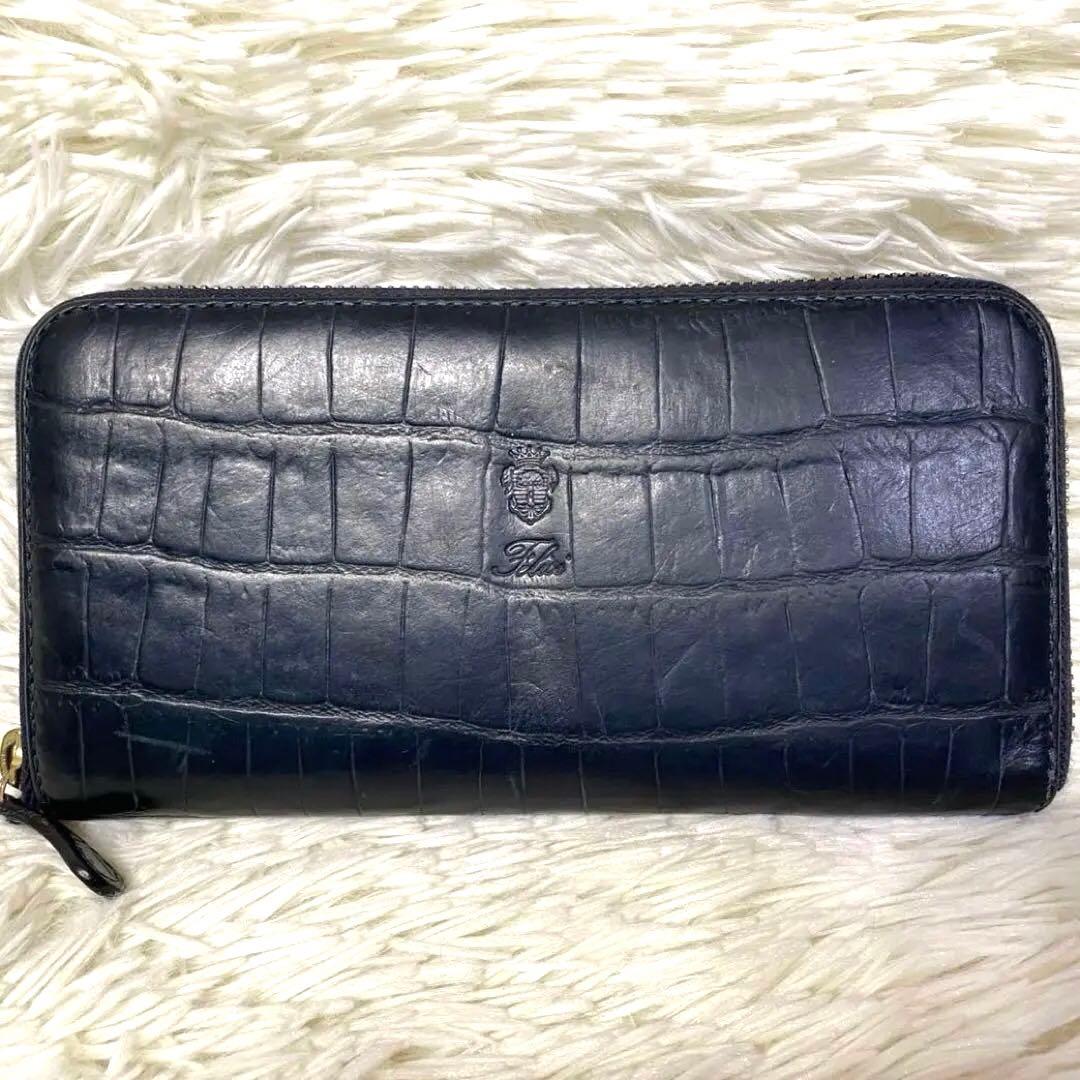 【美品✨】Felisi 125 ラウンドジップ 長財布 レザー クロコ型押し 紺