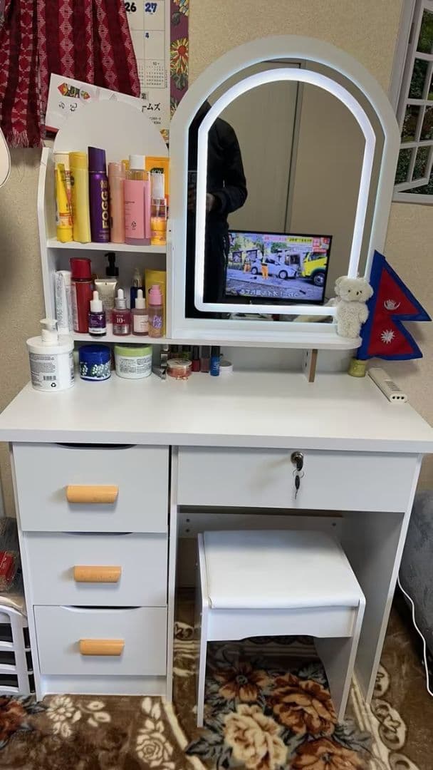 ホワイト 木製 80cm テーブル 大容量収納 3 色 LED ミラー 化粧台