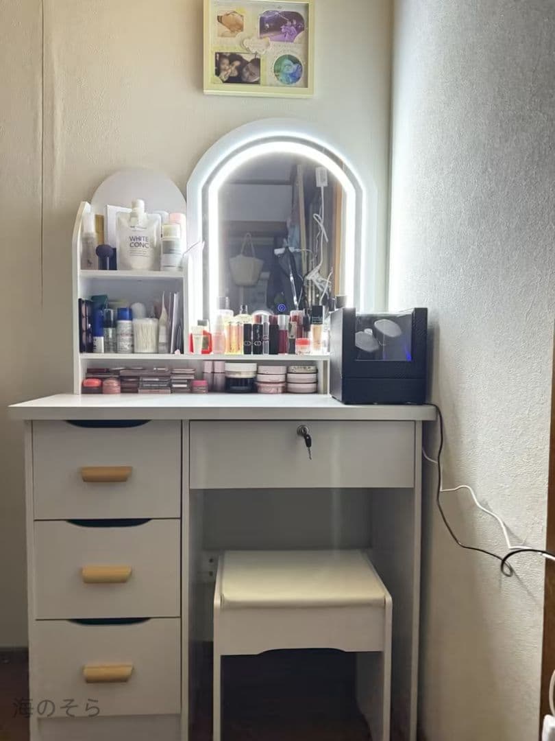 ホワイト 木製 80cm テーブル 大容量収納 3 色 LED ミラー 化粧台