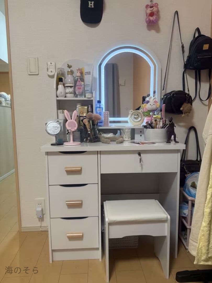 ホワイト 木製 80cm テーブル 大容量収納 3 色 LED ミラー 化粧台