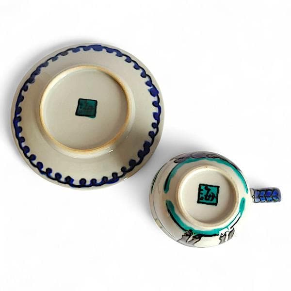 九谷焼 海部公子 絵付け カップ＆ソーサー 1客 共箱 黄布 経歴書 直筆サイン