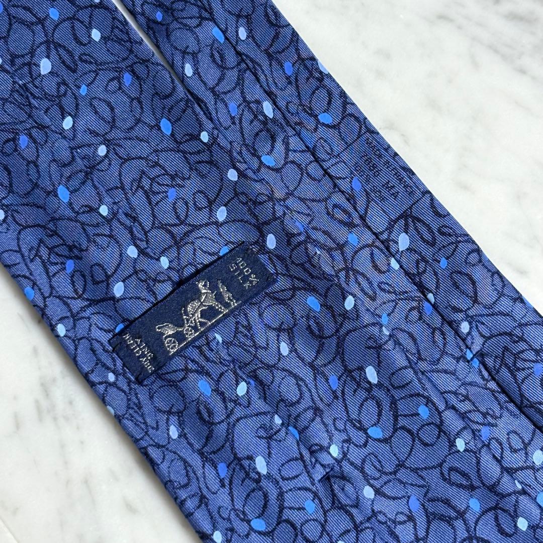 HERMES ネクタイ ブルー系 ネイビー ドット アート柄