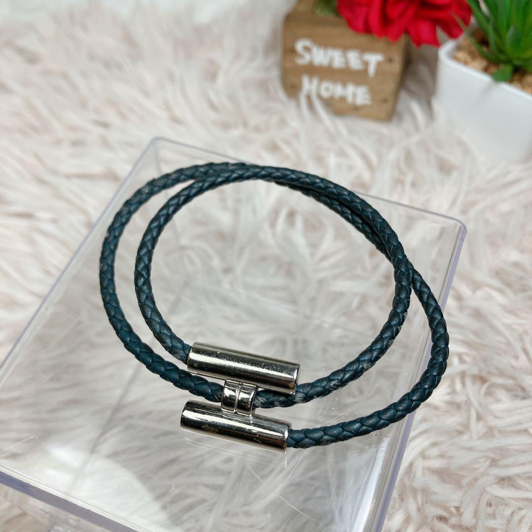 HERMES エルメス トゥルニ トレッセ レザー ブレスレット ネイビー 編み
