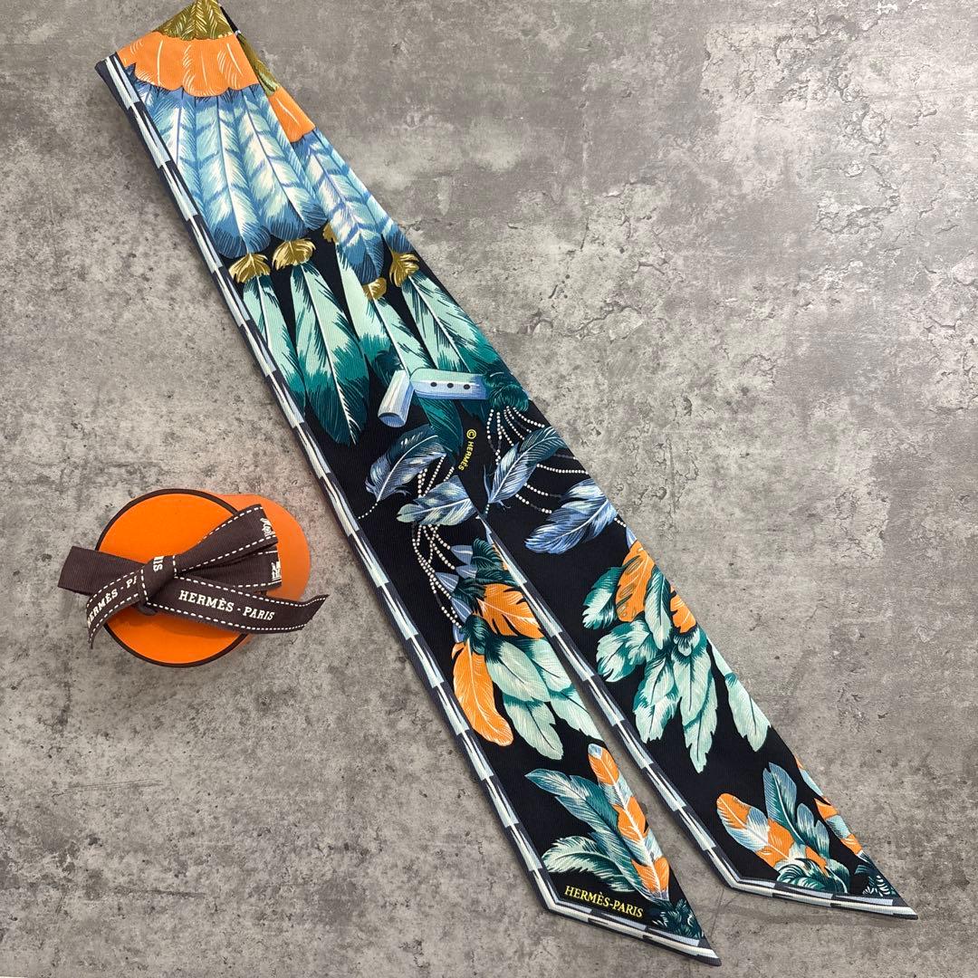 18時まで　新品　エルメス　ツイリー　ブラジル　羽根柄　希少　ブラック　スカーフ