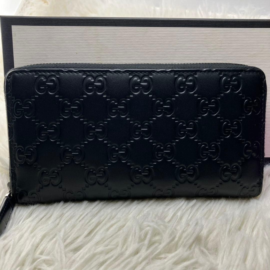 たく様⭐︎グッチ　長財布　ラウンドファスナー　GG柄　シマ　レザー　ブラック　黒