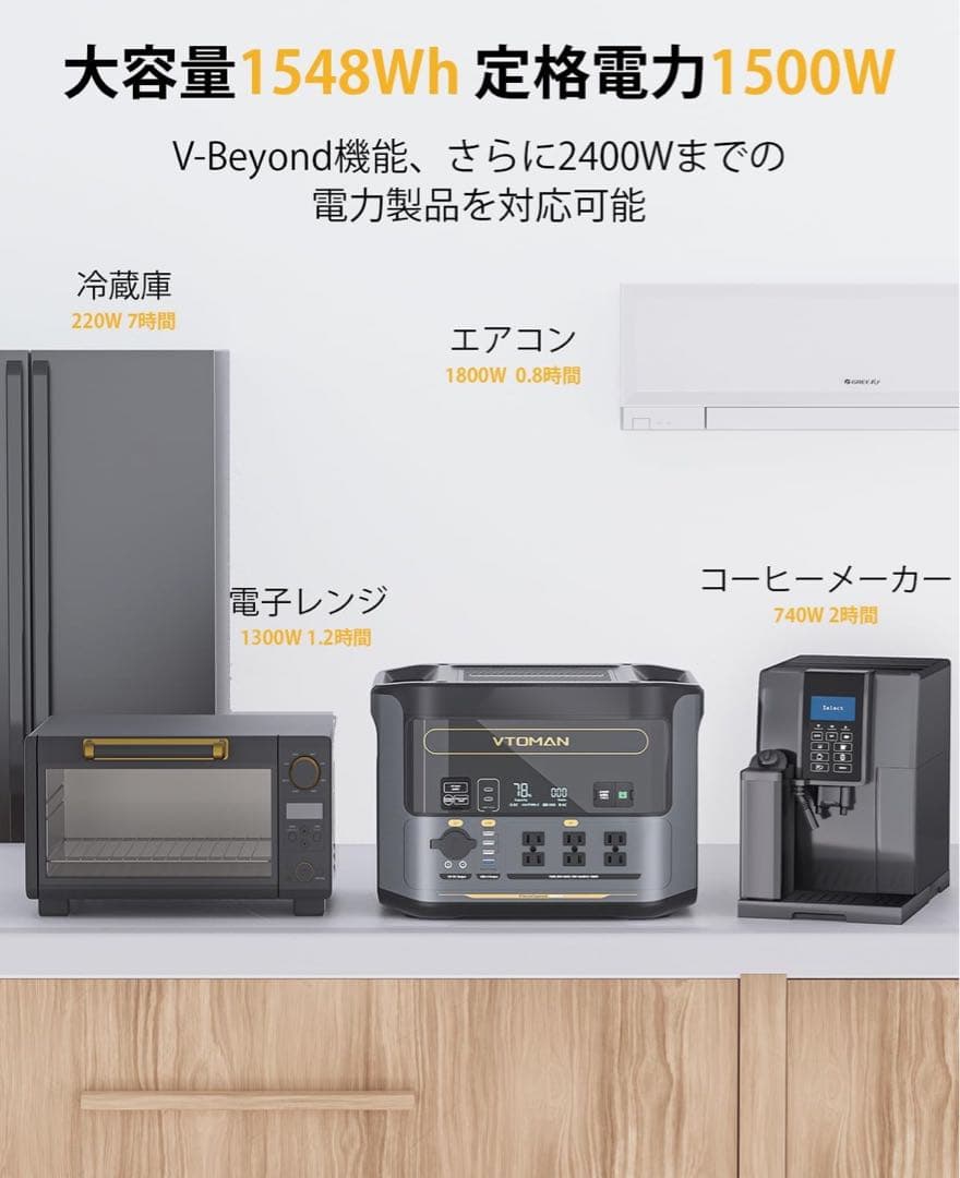 VTOMAN ポータブル電源 1500W 1548Wh 50/60HZ対応