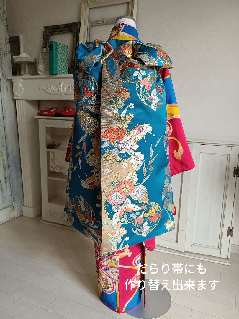 お値下げ中アンティークマゼンダピンクターコイズの着物と作り帯