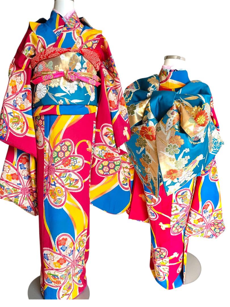 お値下げ中アンティークマゼンダピンクターコイズの着物と作り帯