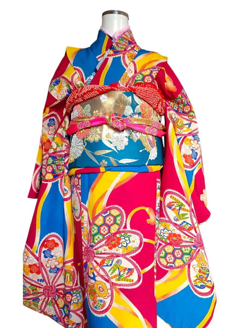 お値下げ中アンティークマゼンダピンクターコイズの着物と作り帯