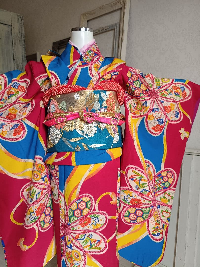 お値下げ中アンティークマゼンダピンクターコイズの着物と作り帯