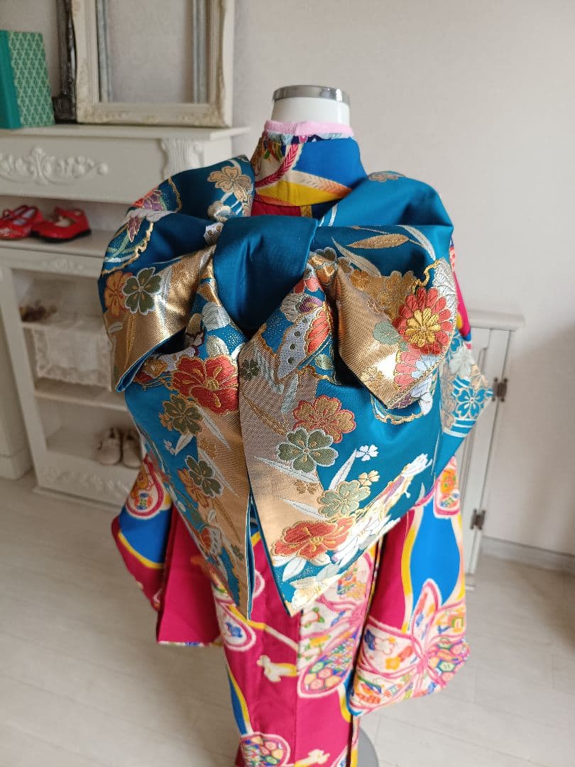 お値下げ中アンティークマゼンダピンクターコイズの着物と作り帯