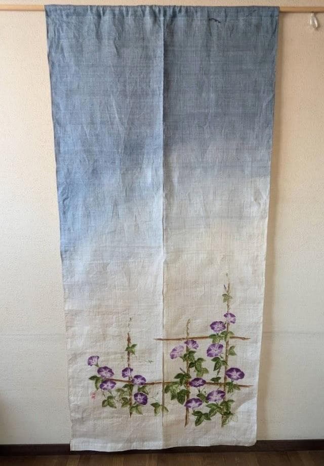 手描き麻暖簾【朝顔】手染 のれん 巾85×151cm　一点物　古布　アンティーク