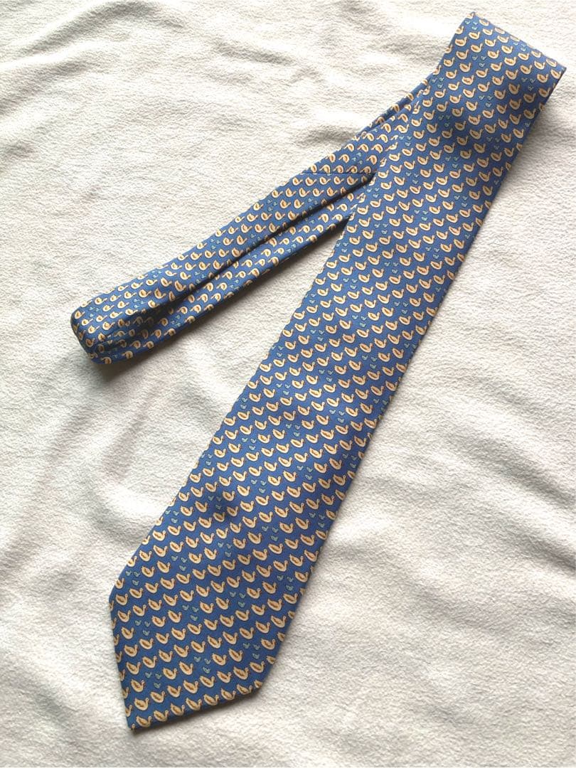 エルメス　アヒル親子　ネクタイ　ブルー系　シルク100 美品　かわいい✨