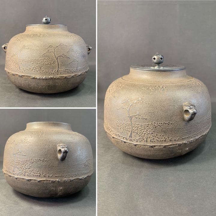 D866 送料無料　真形釜　浜松地紋　釜師浄義　茶釜　在銘　茶道具　茶室　共箱