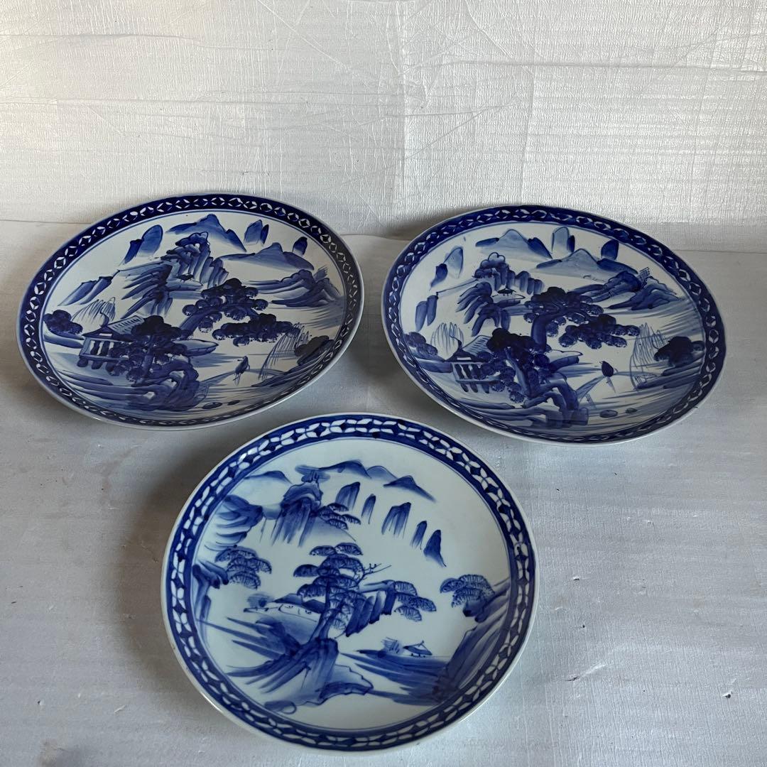 アンティーク　特大　大皿　古伊万里　染付　3枚セット　江戸時代　刻印　謙