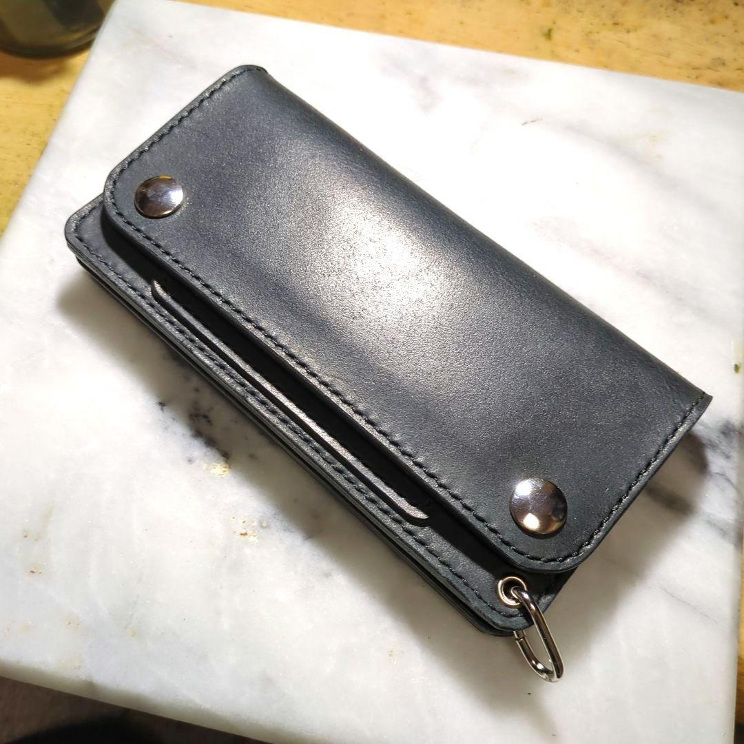 オイルヌメ革 トラッカーウォレット ハンドメイド 長財布 ロングウォレット 黒