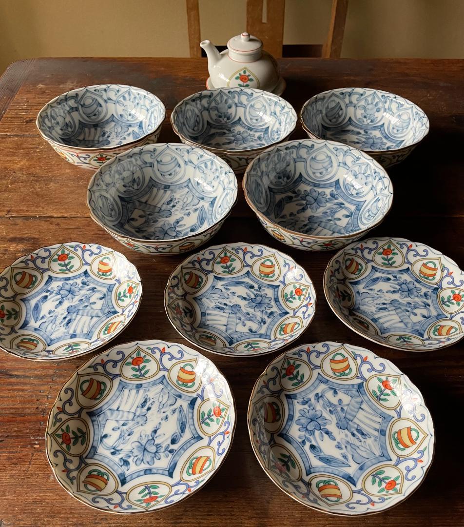 蒙古焼 藍窯 木棚付 中鉢 小皿 箸置 各5客 醤油差し1客セット新品 未使用