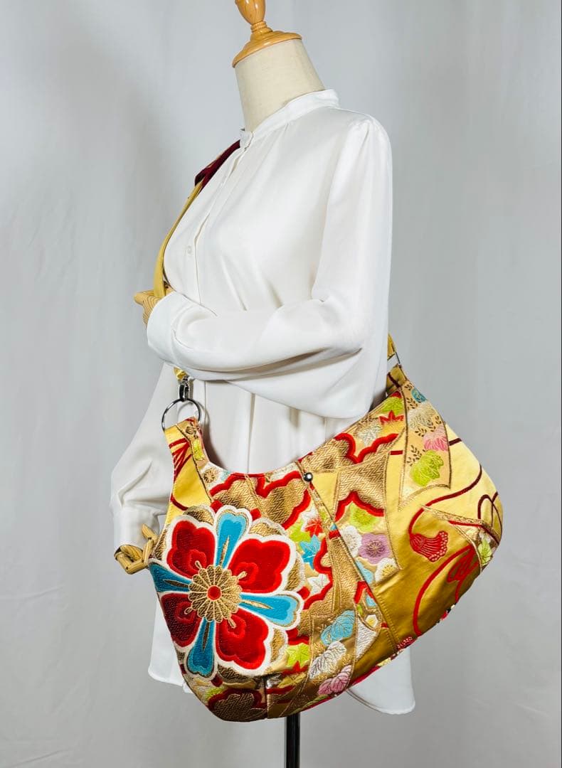 帯バッグリメイク　772番アシンメトリーBIGリバーシブル(肩あて飾り付き)