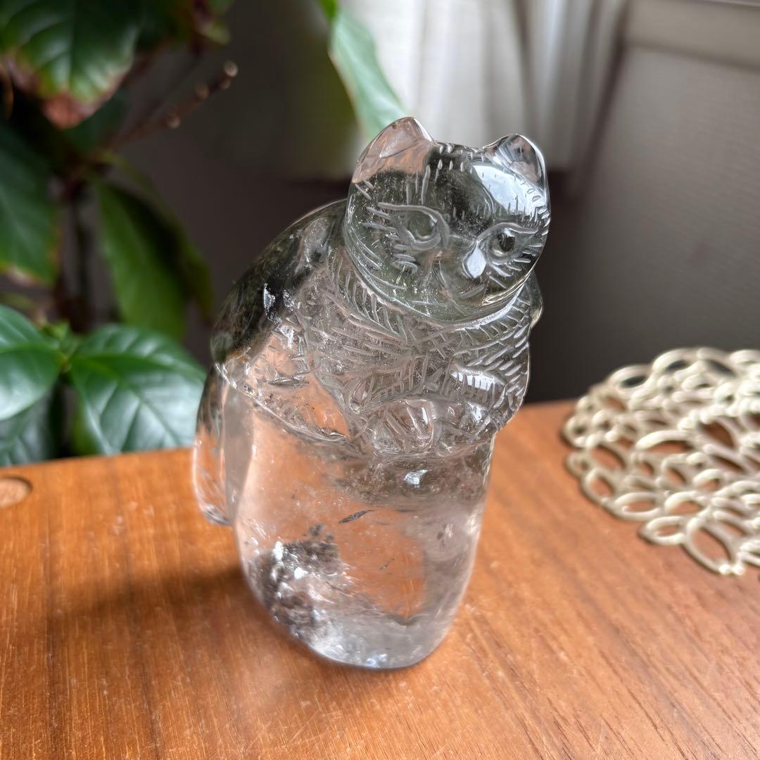 天然石 ブラジル産 グリーンガーデンクォーツ 猫の置物314g