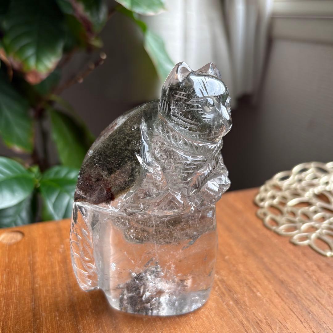 天然石 ブラジル産 グリーンガーデンクォーツ 猫の置物314g