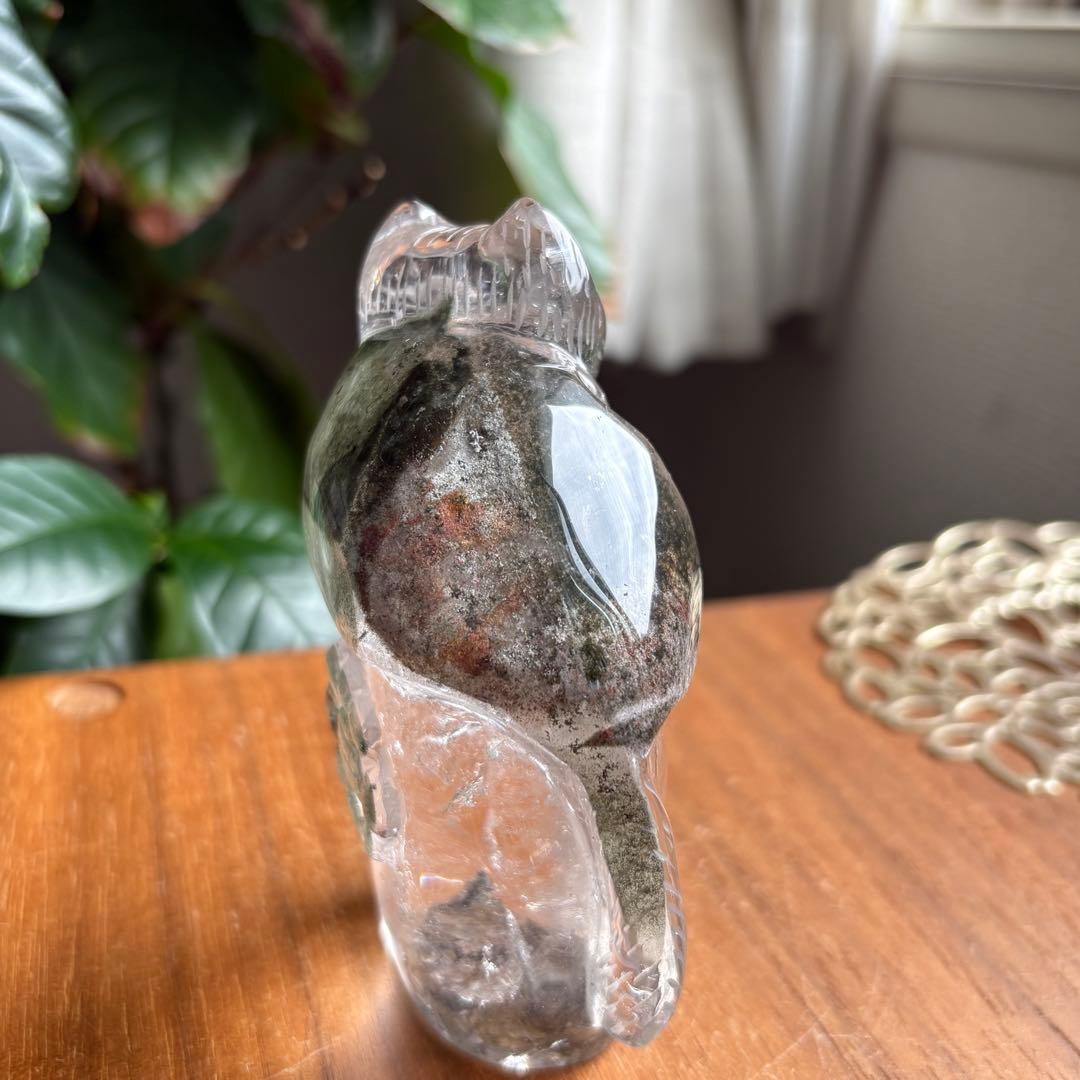 天然石 ブラジル産 グリーンガーデンクォーツ 猫の置物314g