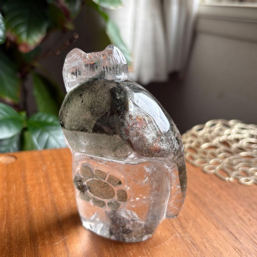 天然石 ブラジル産 グリーンガーデンクォーツ 猫の置物314g