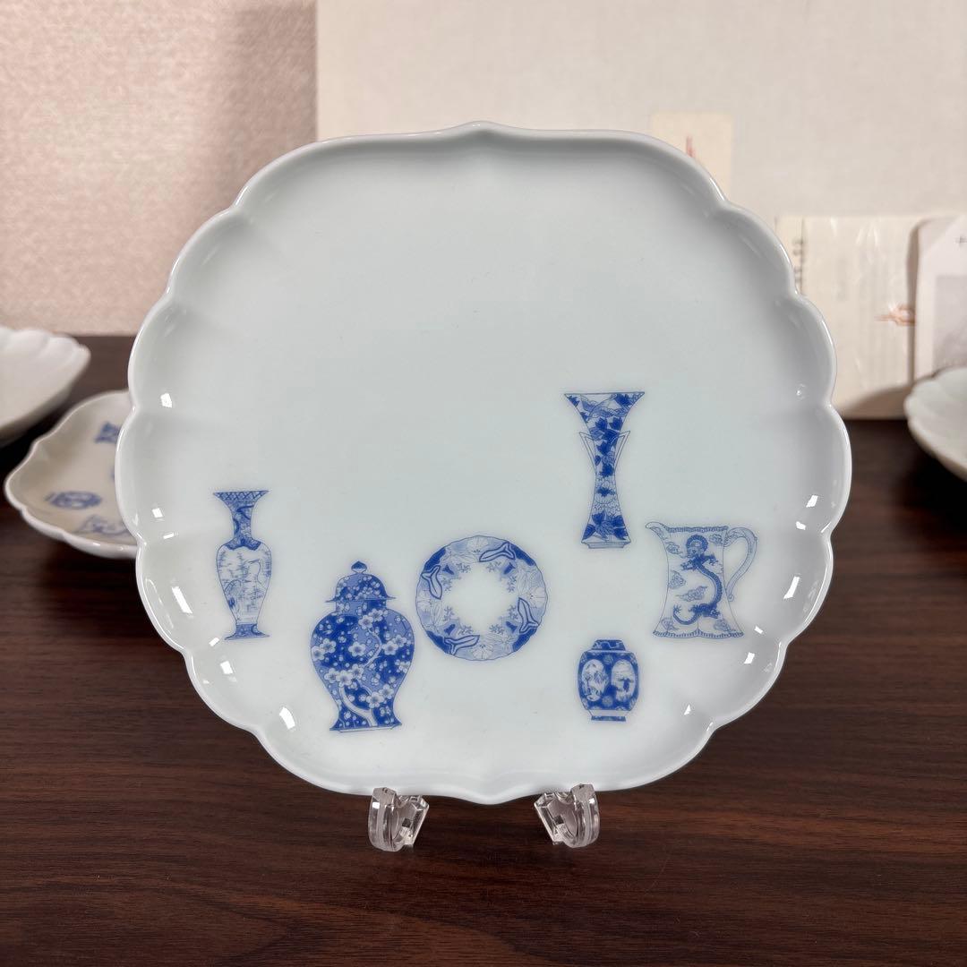 【未使用】深川製磁 ブルーチャイナ 菊中 サービス揃 5枚