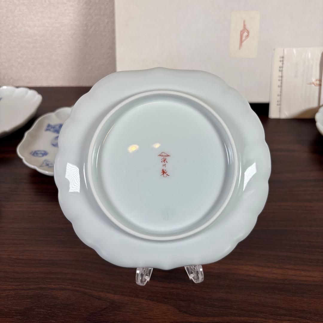 【未使用】深川製磁 ブルーチャイナ 菊中 サービス揃 5枚
