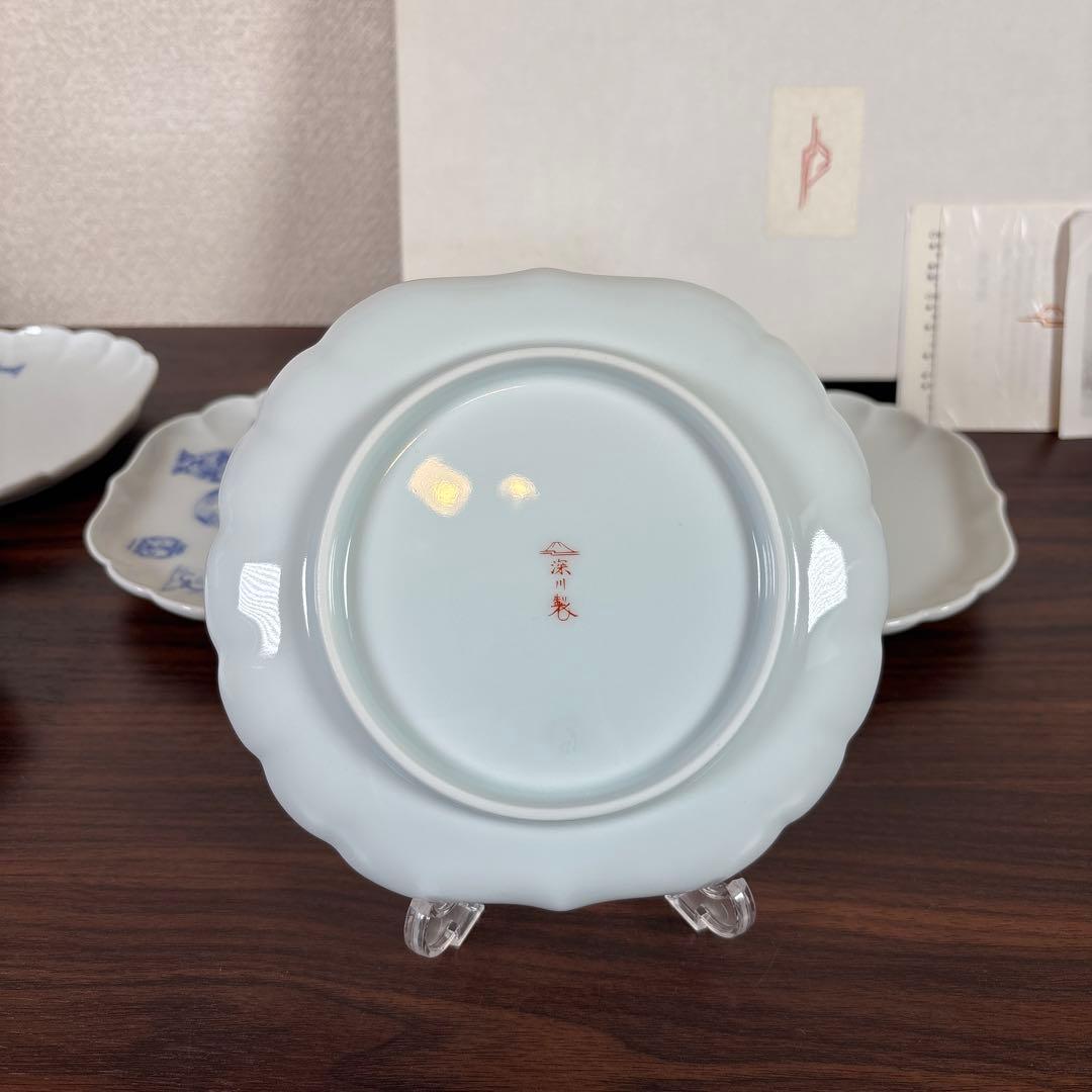 【未使用】深川製磁 ブルーチャイナ 菊中 サービス揃 5枚