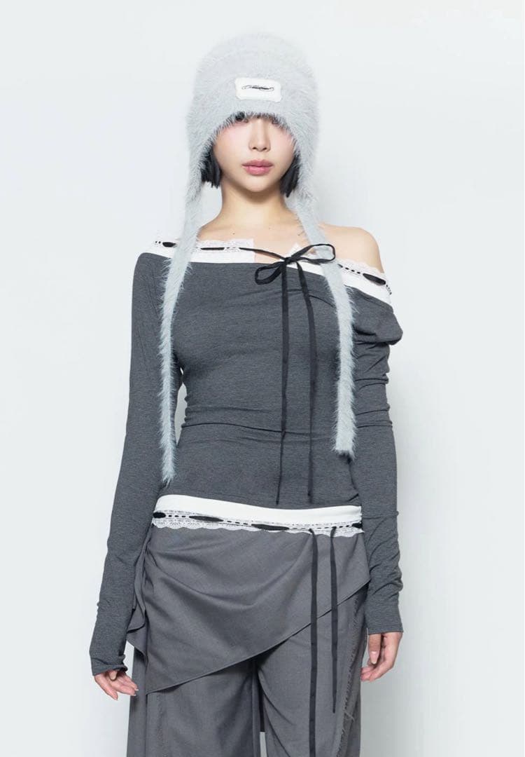 トップス S lace trim off shoulder tops (gray)