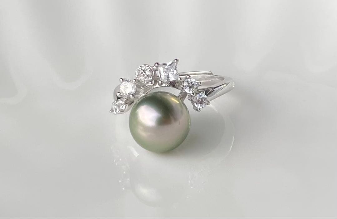 黒蝶真珠 タヒチ 南洋パール 月冠 リング 指輪 s925 ラウンド