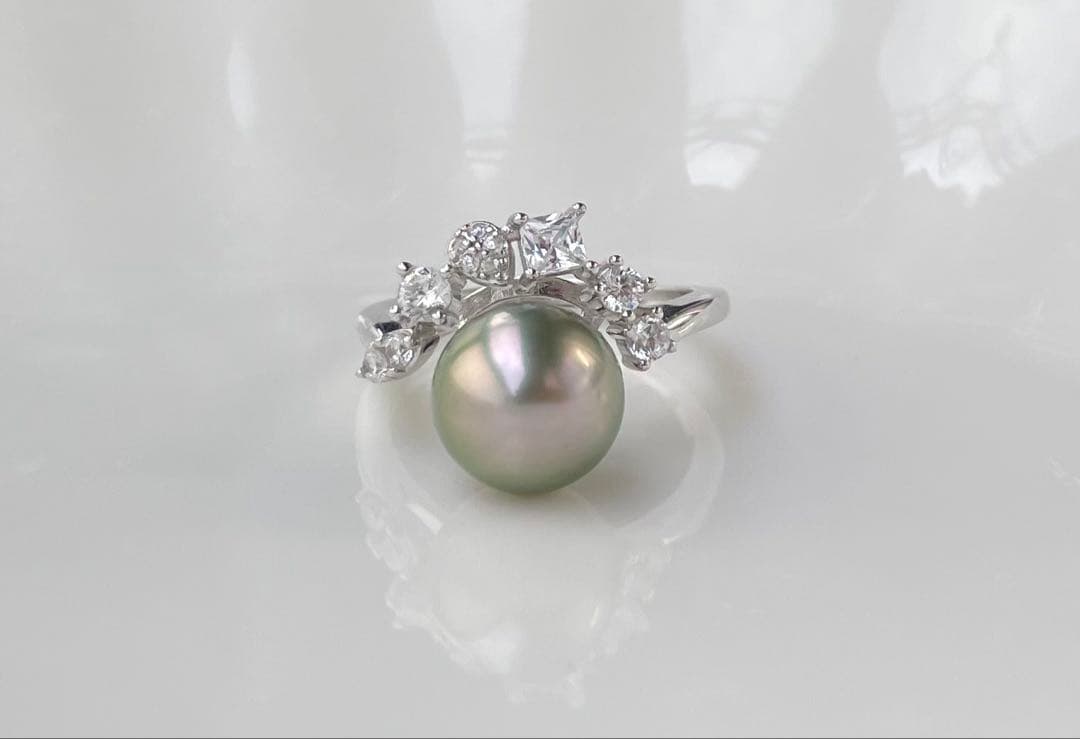 黒蝶真珠 タヒチ 南洋パール 月冠 リング 指輪 s925 ラウンド
