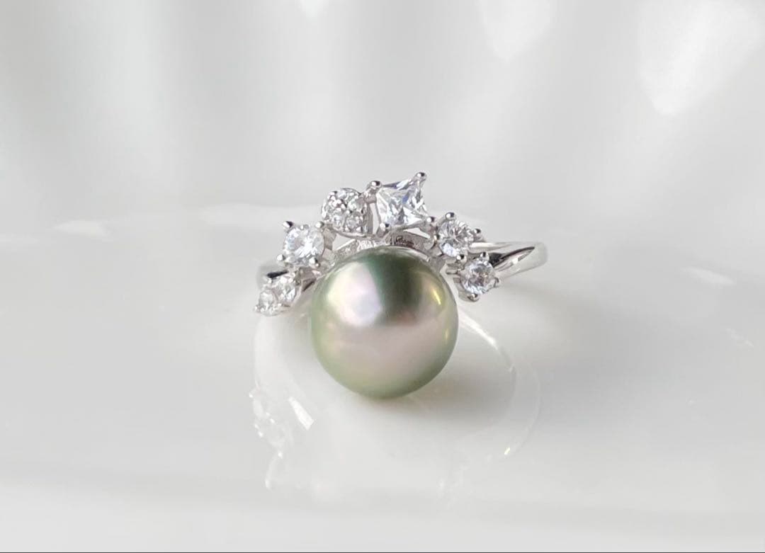 黒蝶真珠 タヒチ 南洋パール 月冠 リング 指輪 s925 ラウンド