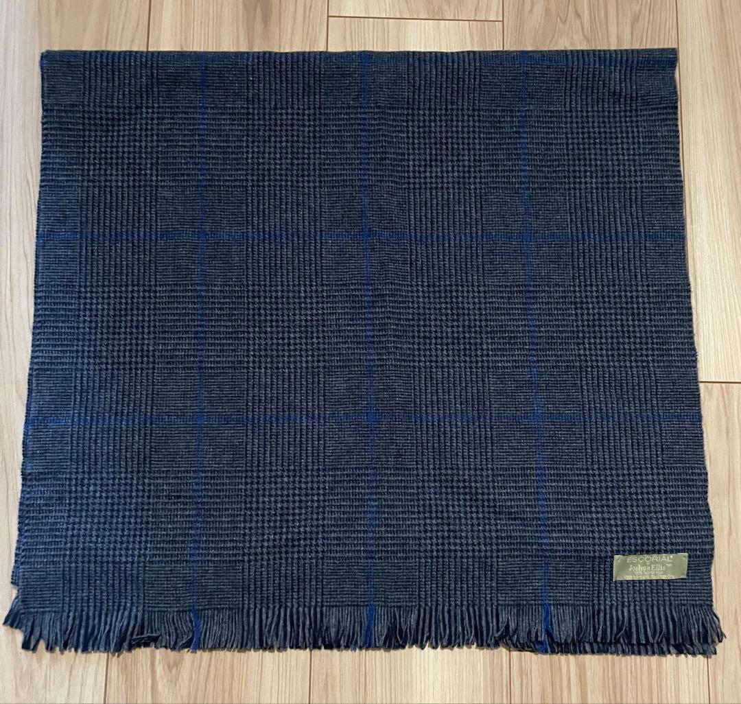 美品JoshuaEllisエスコリアルウールマフラー ネイビーチェックイギリス製