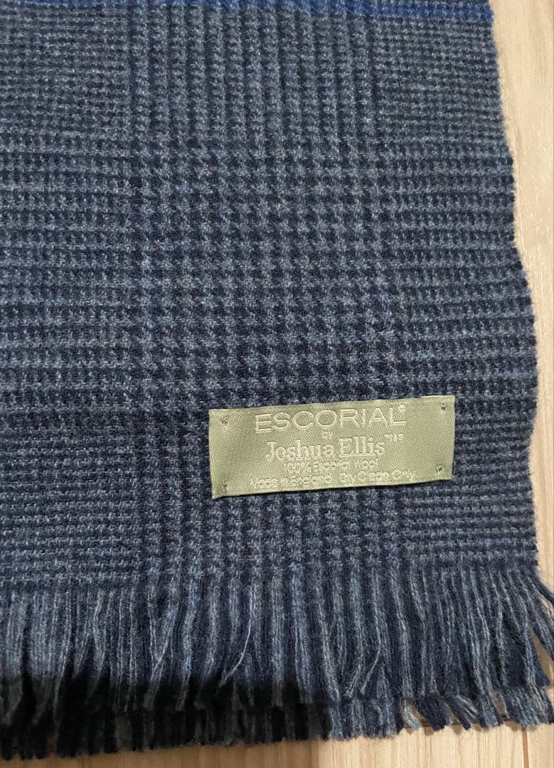 美品JoshuaEllisエスコリアルウールマフラー ネイビーチェックイギリス製