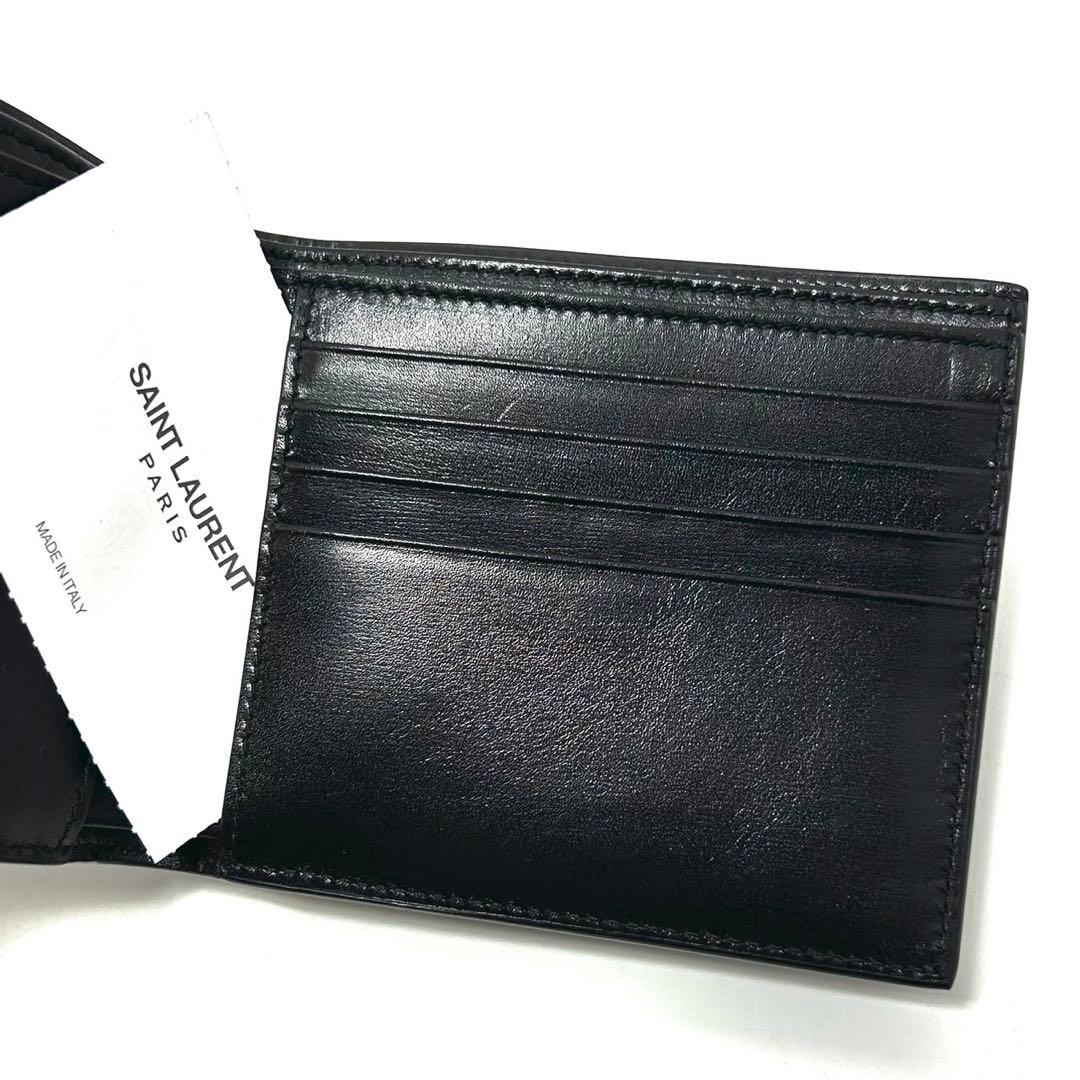 未使用 サンローランパリ 札入れ コンパクトウォレット YSLロゴ シルバー 黒
