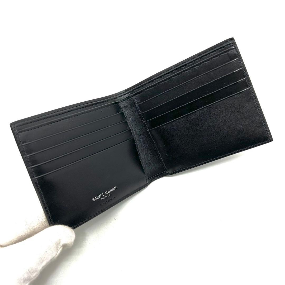 未使用 サンローランパリ 札入れ コンパクトウォレット YSLロゴ シルバー 黒