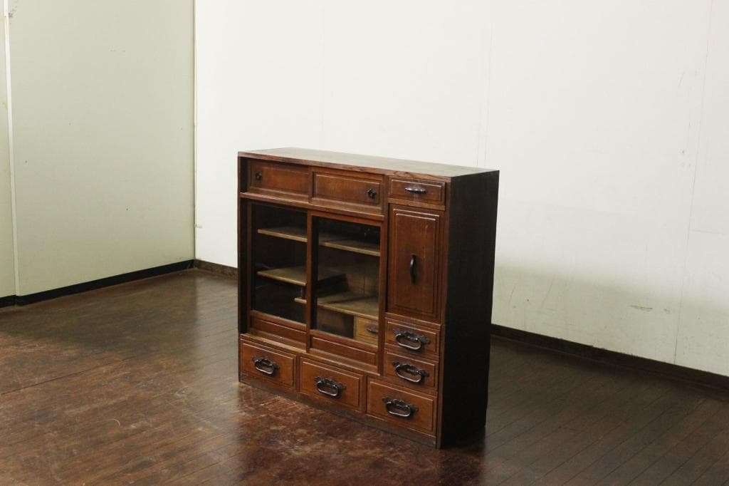 古い木製茶箪笥 収納棚/和家具/飾棚/食器棚時代箪笥/茶道具/ガラス戸棚/煎茶棚