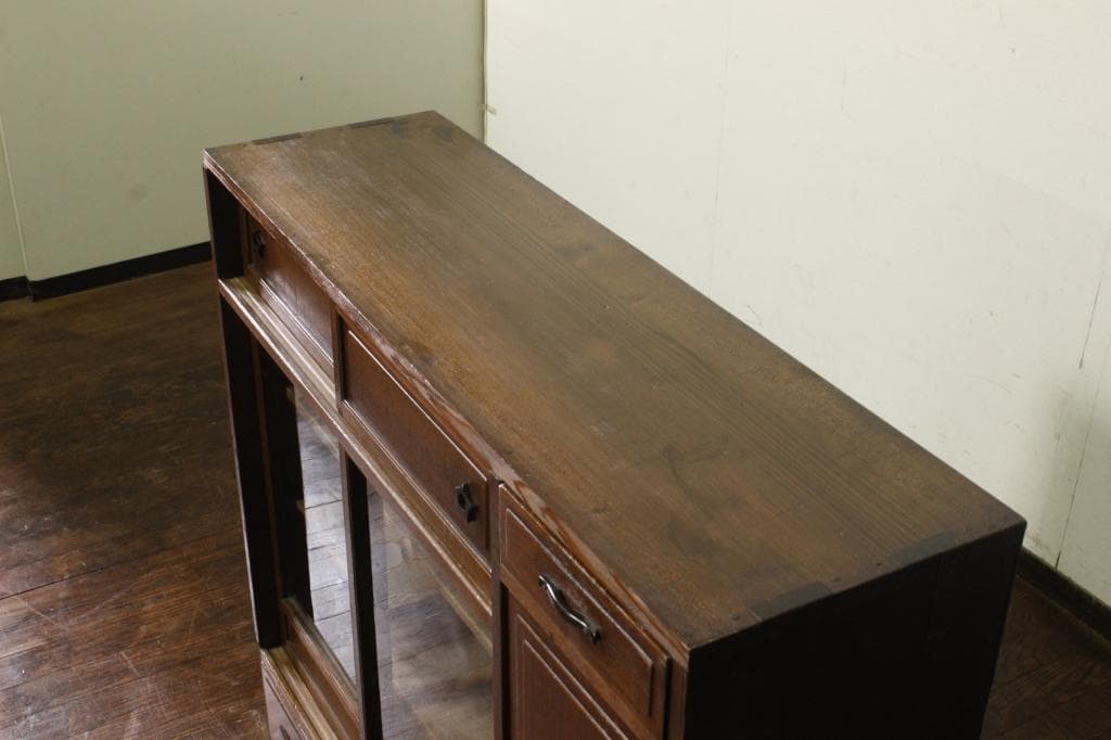 古い木製茶箪笥 収納棚/和家具/飾棚/食器棚時代箪笥/茶道具/ガラス戸棚/煎茶棚